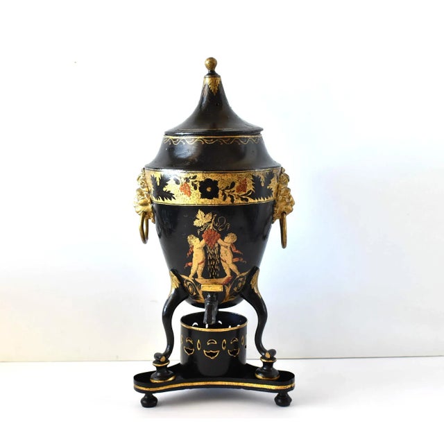 An extremely rare antique, c. 1800 Georgian-Regency, painted tole "samovar" urn with lion head ring handles. Painted...