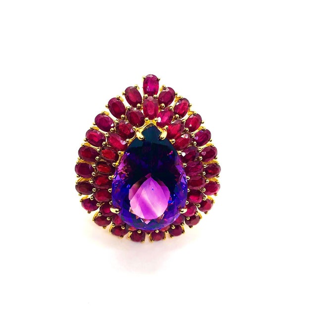 Gemstone Bochic “Orient” Vintage Natural Ruby & Amethyst Ring Set In 18 K Gold & Silver For Sale - Image 7 of 9