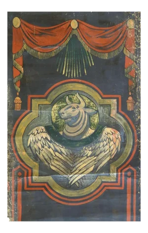 Vintage Distressed St. Luke Winged Ox Bull Quadrefoil Painting