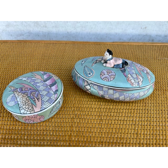 Art Deco Vintage Asian Cloisino Turquoise Ceramic Boxes - Set of 2 For Sale - Image 3 of 10