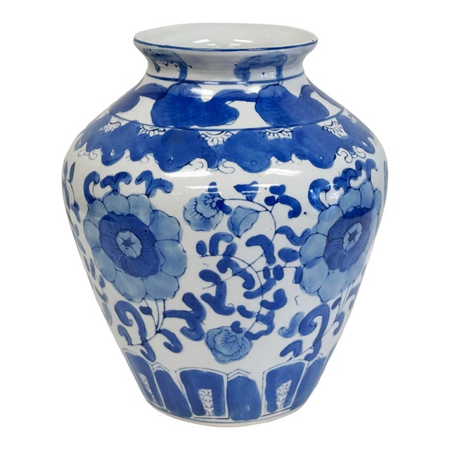 Vintage Porcelain Blue and White Floral Motif Jar For Sale