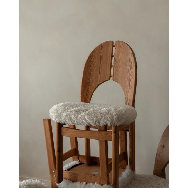 Scandinavian Modern Pine Dining Chairs in Faux Sheepskin, 1970s, Set of 4 For Sale - Image 12 of 18