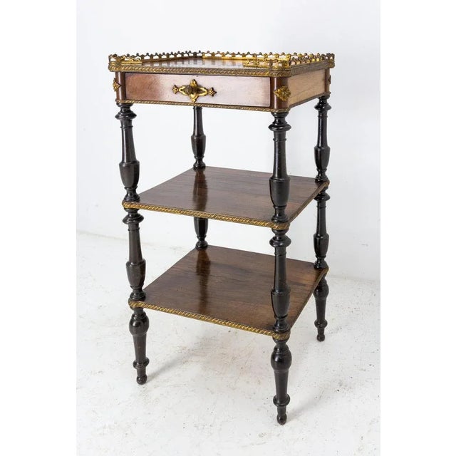 Napoleon III walnut and brass serving table, French This can also be used as a side table. One drawer and two shelves...