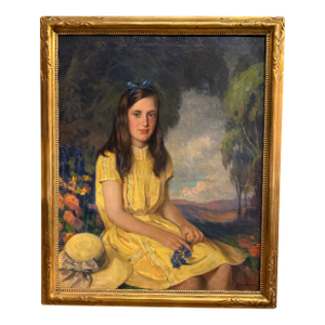 Antique Oil Painting " Girl in Yellow Dress" Portrait by WMJ Edmondson 1930 Large Painting Gold Frame