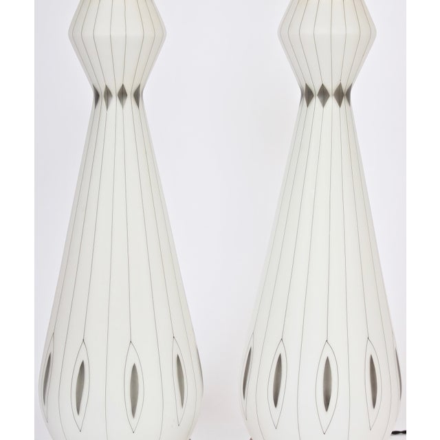 White Mid 20th Century Frosted White Glass Table Lamps With Hand Painted Silver Overlay - A Pair For Sale - Image 8 of 12