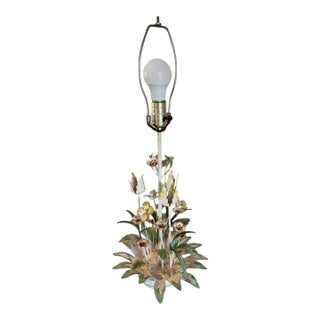 Vintage Italian Tole Floral Table Lamp – Hand-Painted Metal Flowers & Foliage For Sale