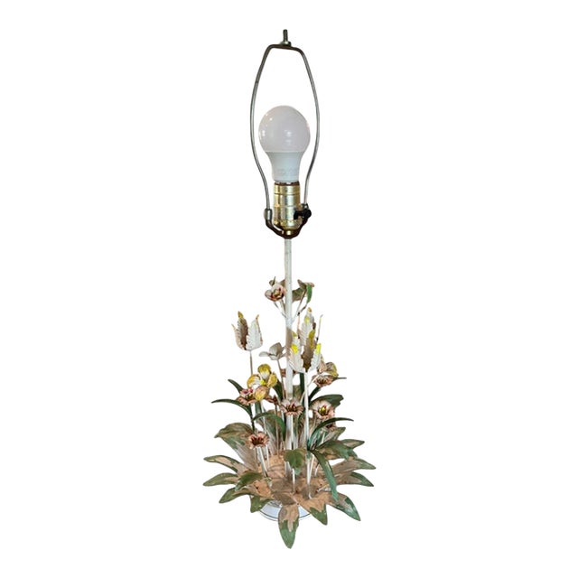 Vintage Italian Tole Floral Table Lamp – Hand-Painted Metal Flowers & Foliage For Sale