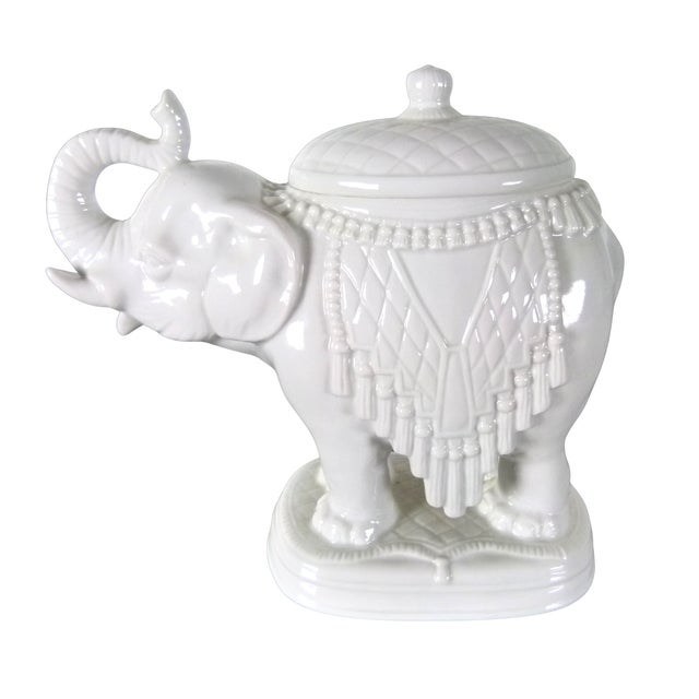Hollywood Regency Vintage Andrea by Sadek White Porcelain Elephant Candy Dish | Elephant Lidded Trinket Box | Made in Japan | Foil Sticker For Sale - Image 3 of 16