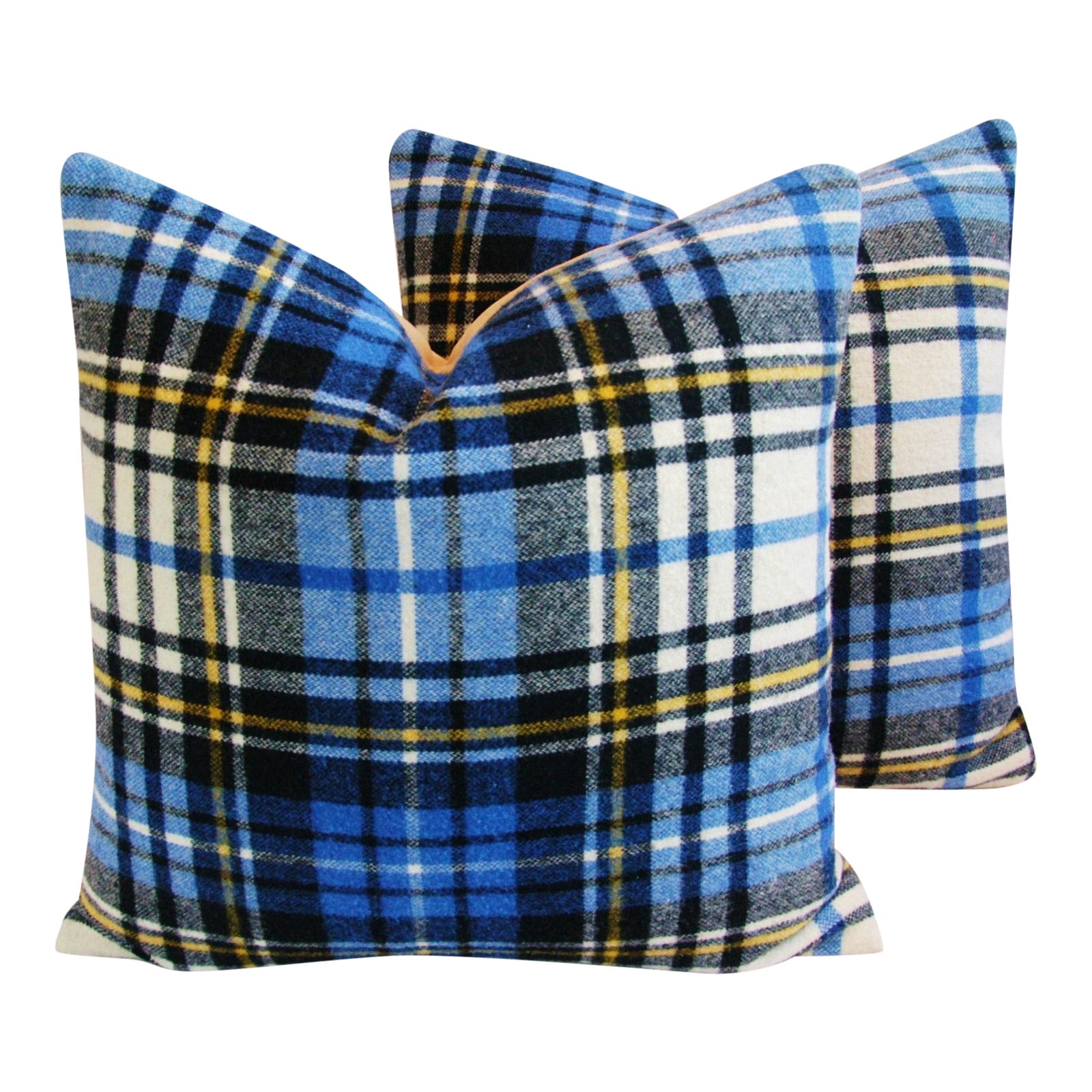Blue Scottish Tartan Plaid Wool Feather/Down Pillows 24" Square Pair