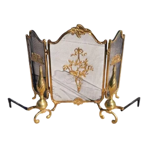 Vintage French Provincial Louis XVI Style Brass Trifold Ribbons Birds Fireplace Screen Andirons Set- a Pair