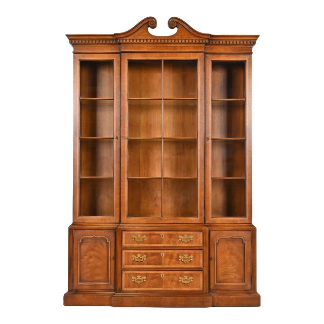 Henredon Carved Mahogany Lighted Breakfront Bookcase