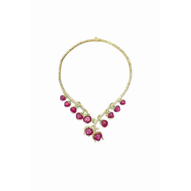 Bochic “Capri” Vintage 90 Carat Natural Ruby, White Topaz & Peridot Convertible Necklace 18K Gold & 950 Silver • Signed •...