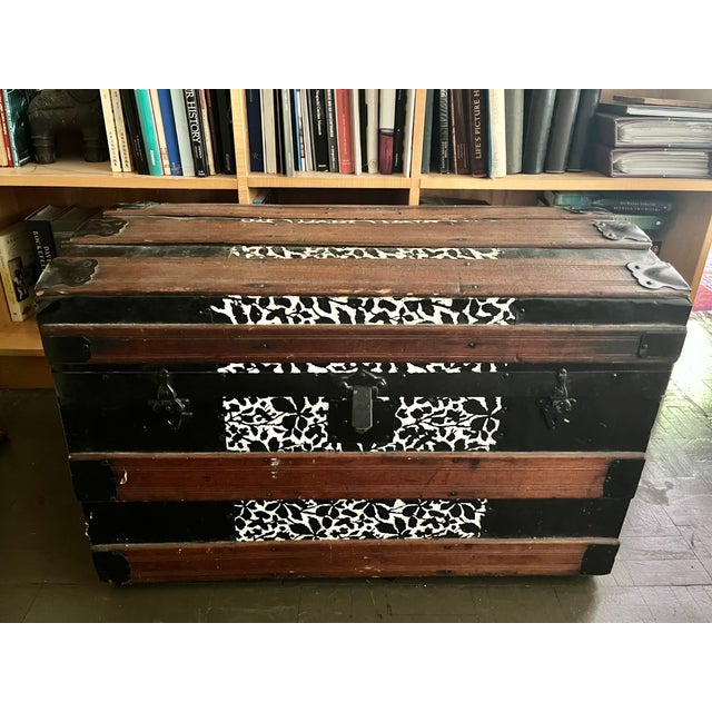 Art Deco Antique Steamer Trunk Dome Top Embossed Metal Finish With Wheels For Sale - Image 3 of 10