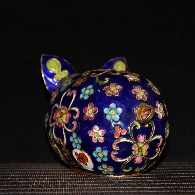 Metal Handmade Cloisonne Pig Figurine, Deep Blue Ground Wire Inlaid Floral Motif, Chinoiserie Table Decor For Sale - Image 7 of 9