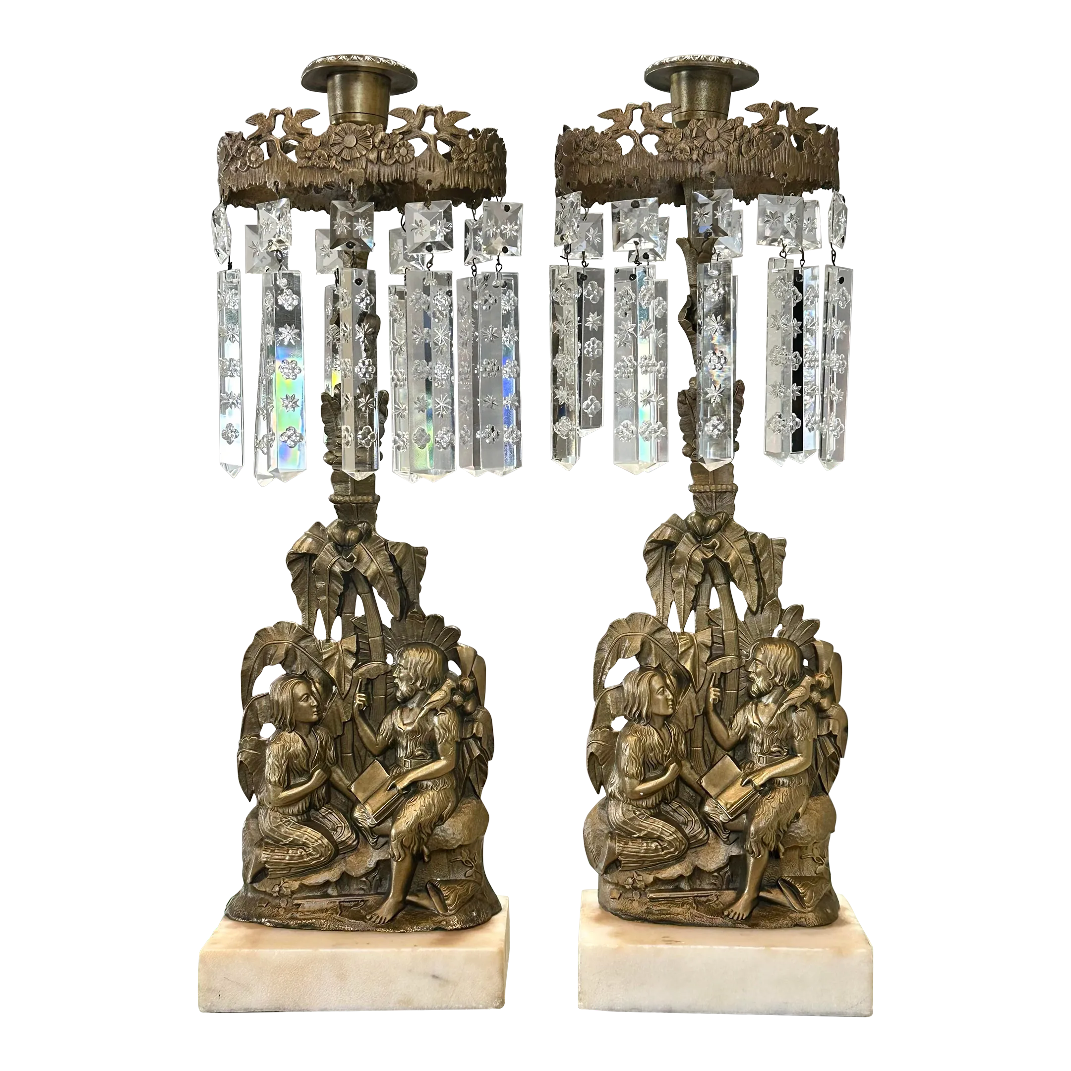 Antique Victorian Girandole Candlesticks With Hanging Crystal