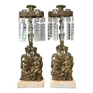 Antique Victorian Girandole Candlesticks With Hanging Crystal Prisms - Set of 2 For Sale