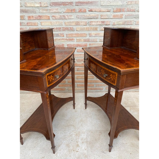 1940s Pair of Neoclassical Marquetry Bedside Tables With Drawers and Upper Compartment For Sale - Image 17 of 18