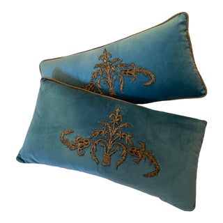 Early 19th Century Turquoise Velvet With Handmade Gold Embroidery - a Pair For Sale