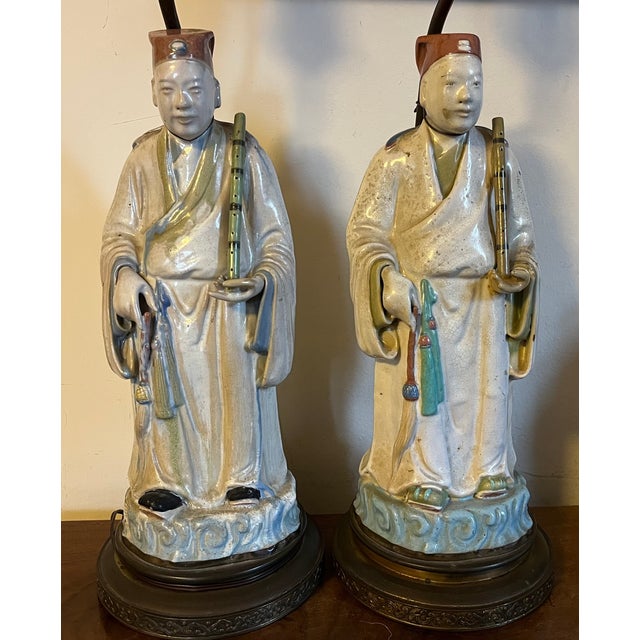 Antique Early 20th Century Chinese Pottery Figures of Musician Attendants With Flutes Mounted as Table Lamps - A Pair For Sale - Image 4 of 9