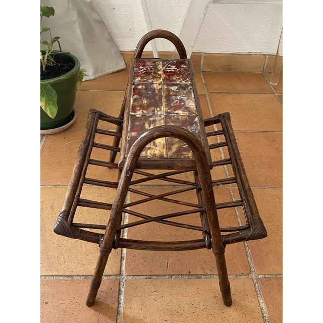 Rattan Magazine Rack with Ceramic Tile Shelf, 1970s For Sale - Image 6 of 18