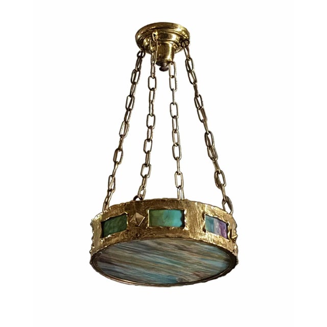 Round Brass Chandelier With Slag Glass Insets For Sale - Image 4 of 4
