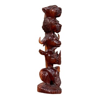 Vintage Carved Rosewood African Big Five Totem Sculpture For Sale