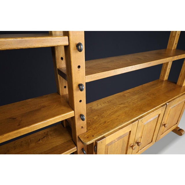 Large Brutalist Modular Shelving Unit in Oak with Metal Pegs and Cabinet, Belgium, 1960 For Sale - Image 4 of 17