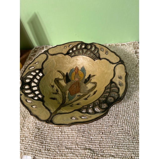 Mid-Century Brass Hand Painted Floral Design Decorative Bowl For Sale - Image 9 of 9