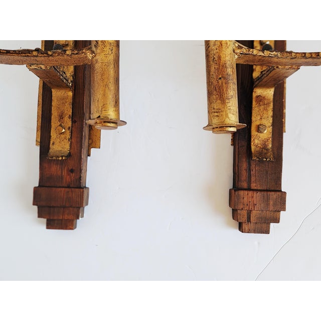 Wood Vintage Spanish Revival Gilded Wrought Iron & Wood Wall Sconces-a Pair For Sale - Image 7 of 12