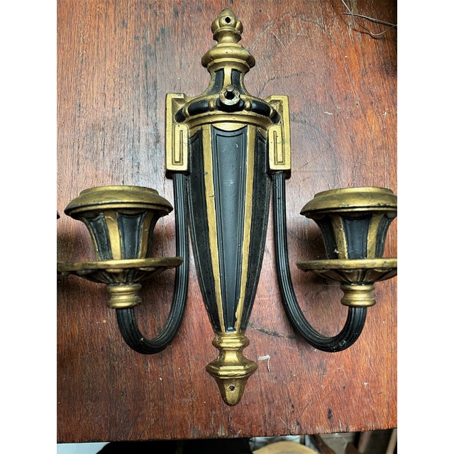 Mid 20th Century Neoclassical Style Greek Key & Urn Cast Metal Wall Candle Sconces Signed Empire For Sale - Image 4 of 15