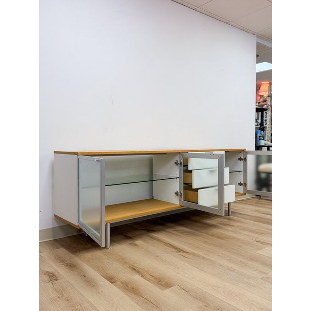 Modern MCM Wood Glass Metal Sideboard Credenza White Natural Frosted Glass For Sale - Image 10 of 13