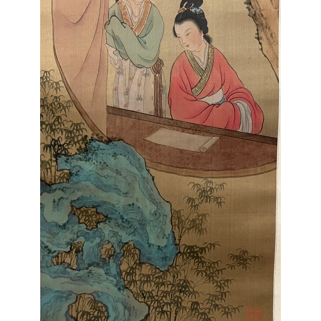 Tan Vintage Chinese Art Scroll Painting Landscape Garden With People Design For Sale - Image 8 of 8