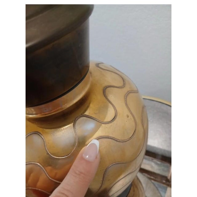 1950s Art Deco Gold Ceramic Lamp Etched Wavy Lines Modern W Shade Underwriters For Sale - Image 17 of 18