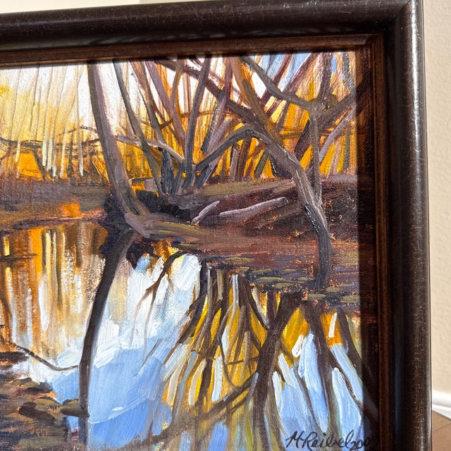 Original Impressionist Landscape Oil Painting – River Reflection – Signed H. Reibel For Sale - Image 9 of 11