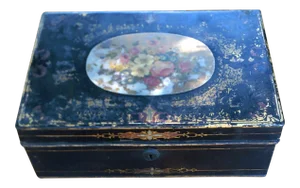 English Metal Box Black With Floral Center