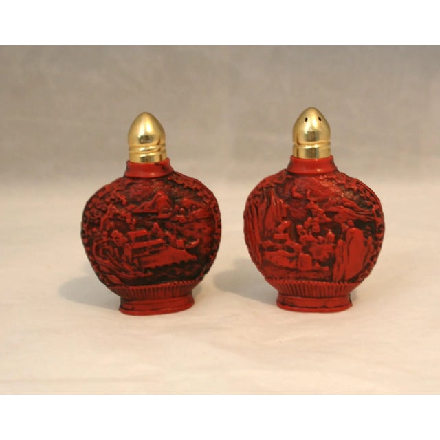 Plastic Vintage 1950s Asian Red Carved Snuff Bottles Plastic Salt & Pepper Shakers For Sale - Image 7 of 8