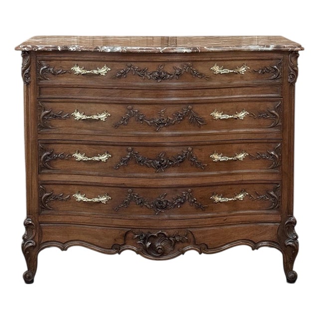 19th Century French Walnut Commode With Rouge Marble Top For Sale