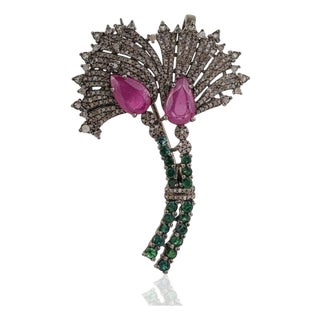 Art Deco Inspired Ruby, Emerald & Diamond Oxidised Brooch Pendant in Silver For Sale