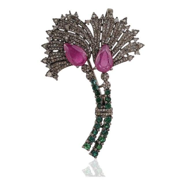 Art Deco Inspired Ruby, Emerald & Diamond Oxidised Brooch Pendant in Silver For Sale