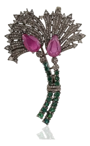 Art Deco Inspired Ruby, Emerald & Diamond Oxidised Brooch Pendant in Silver
