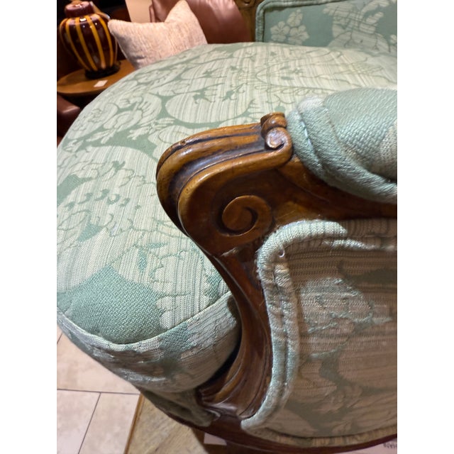 Late 19th Century French Walnut Bergère in Green Cotton Damask For Sale - Image 13 of 16