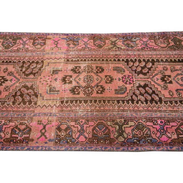 Pink Vintage Distressed Pink Handmade Geometric Wool Runner For Sale - Image 8 of 9