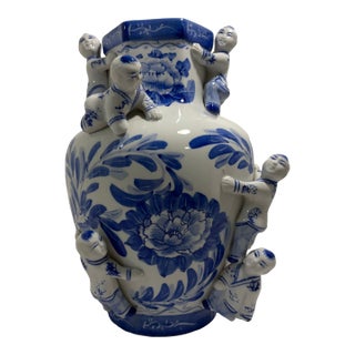 Vintage Chinese Blue & White Fertility Boys Porcelain Vase For Sale