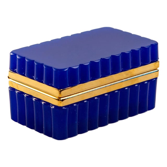Vintage Blue Opaline Scalloped Glass Box With Brass Mounts, France 20th C. For Sale