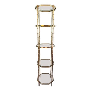 1960s Faux Bamboo Gold and Glass Five Tier Octagon Etagere For Sale