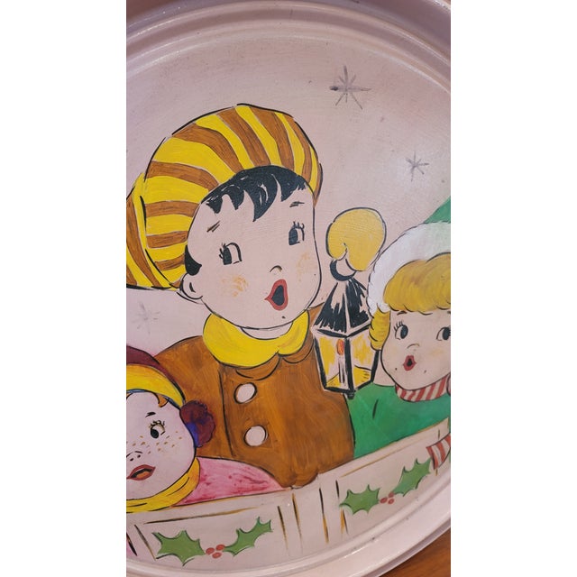Christmas Carolers Hand Painting Masterpiece 1940s Trench Art Military Drum Lid Folk Art For Sale In San Diego - Image 6 of 8