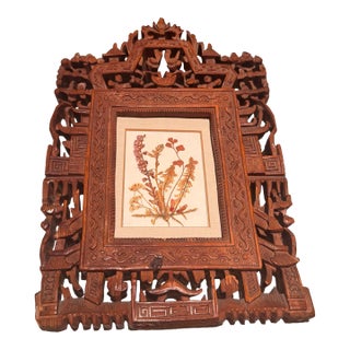 Antique Chinese Hand-Carved Wooden Frame With Carved Figures in Frame and Pressed Flowers. For Sale