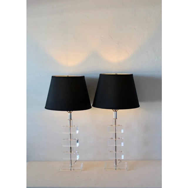 Mid-Century Modern Karl Springer Style Glam Stacked Thick Lucite Table Lamps Mid-Century Modern-A Pair For Sale - Image 3 of 11