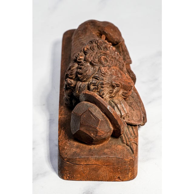 19th Century Bertel Thorvaldsen Lion of Lucerne Grand Tour Wood Sculpture Statue Hand Carved Swiss European Art Switzerland Home Decor For Sale - Image 10 of 17