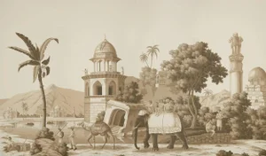 Sepia Colorway "Early View of India" Panoramic Murals Hand Painted Wallpapers on Scenic Paper- 4 Panels